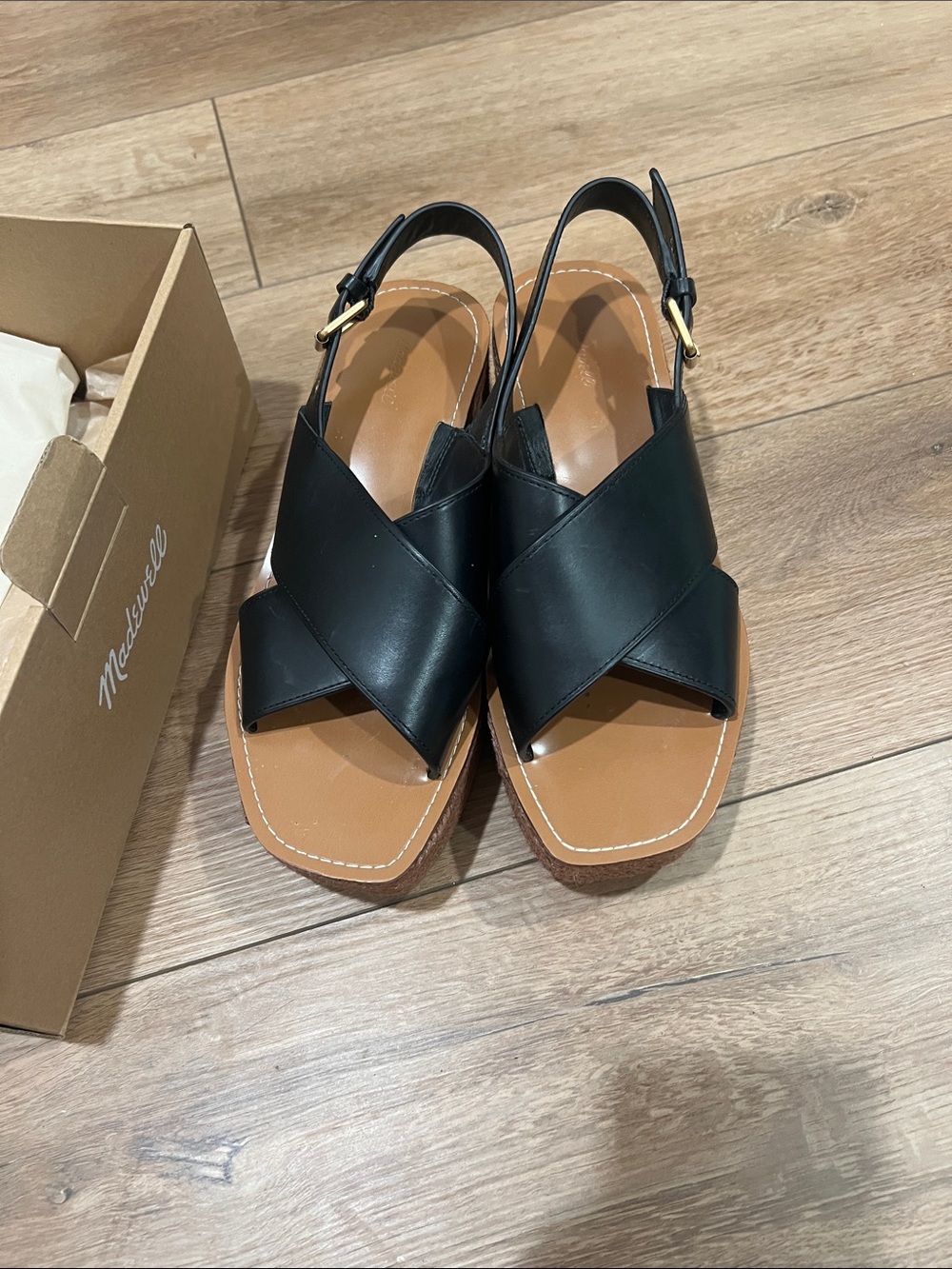 Madewell Black Leather Crisscross Slingback Sandals with Tan Footbed